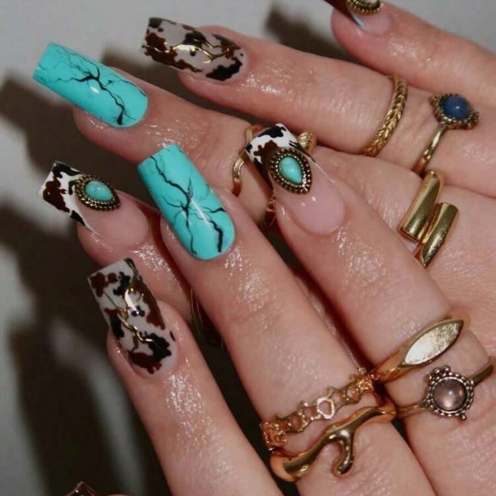 Turquoise and Cow Print Press-On Western Nails